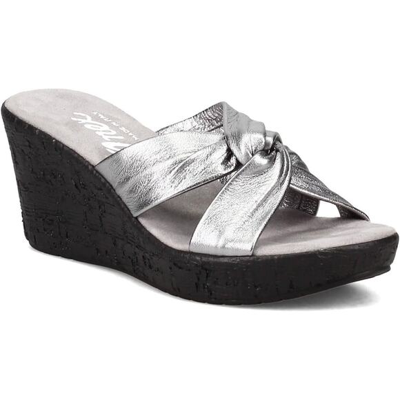 Onex Womens Katya Slip-on Wedge Heel Sandal -- Pewter Leather, Size 10 NEW - Picture 1 of 7